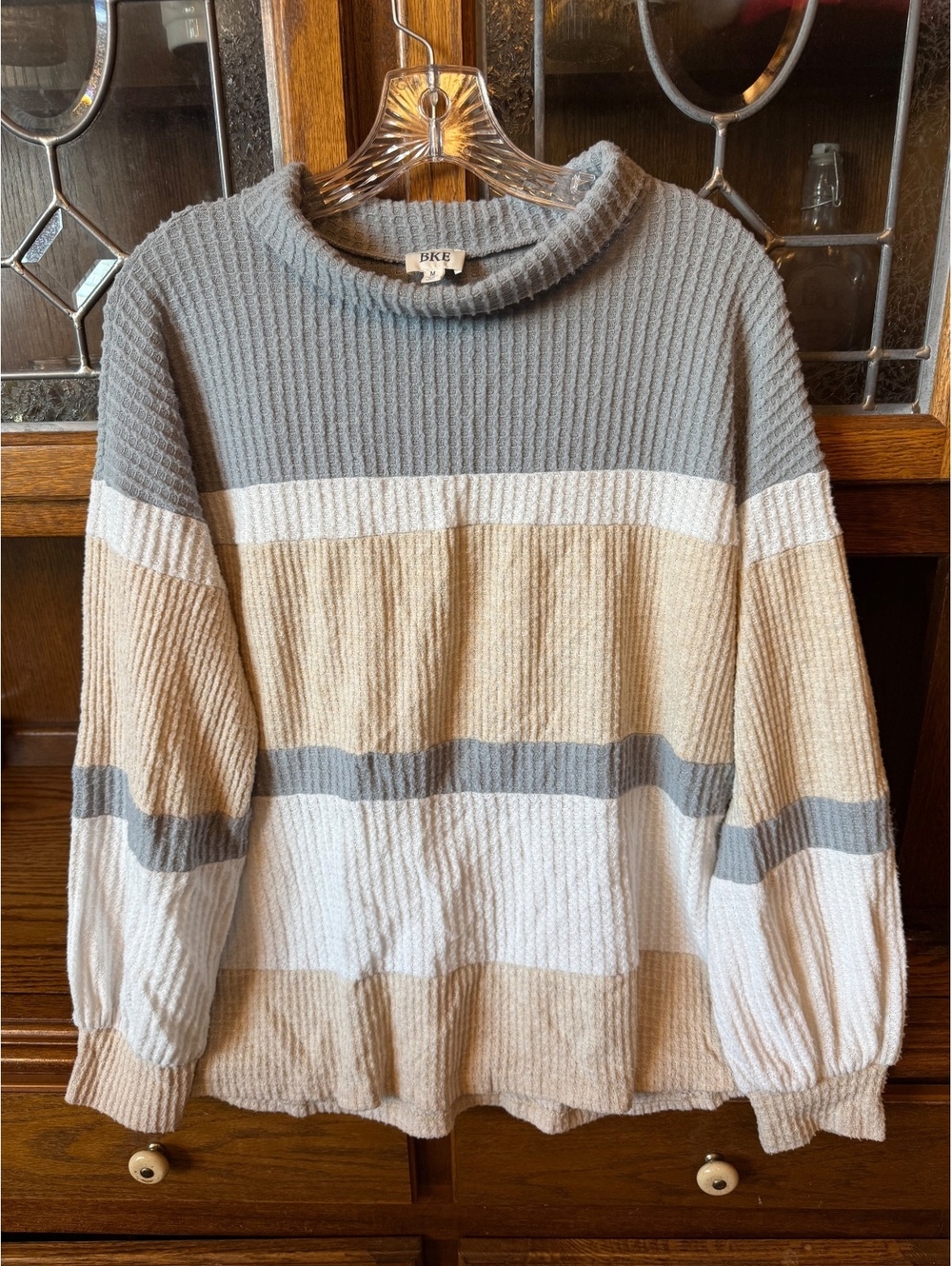 BKE Women's M Waffle Knit Colorblock Sweater Gray Tan Cream Striped